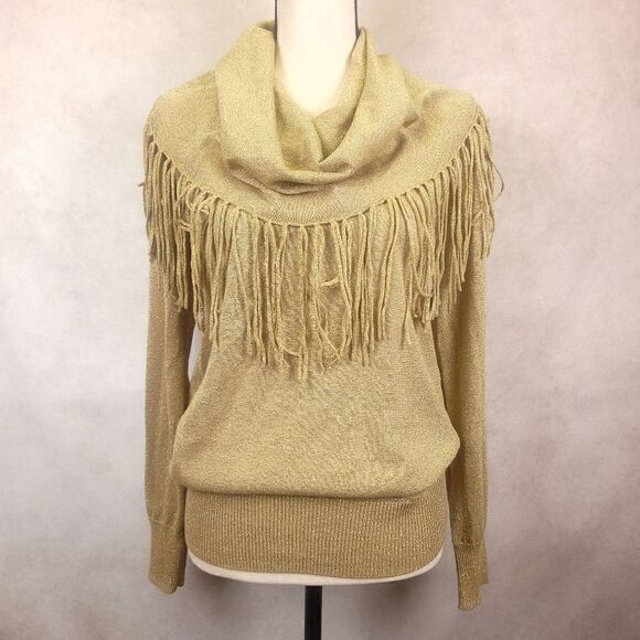 Michael Kors Gold Metallic Sweater Cowl Neck Fringe Tassel Size Small - Picture 1 of 9